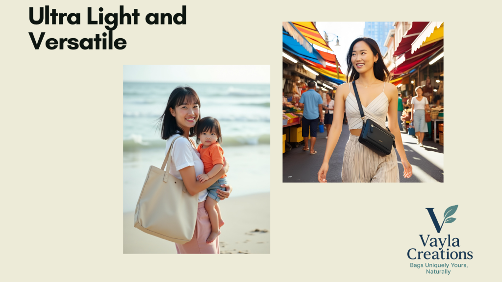 ustainable plant-based leather handbag with apples and mushrooms on table, Vayla Creations branding (Clear, concise, descriptive, and SEO-friendly)