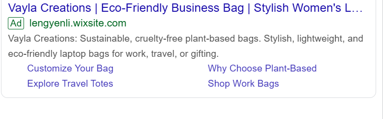 Google Search Ad promoting eco-friendly, plant-based business bags from Vayla Creations.