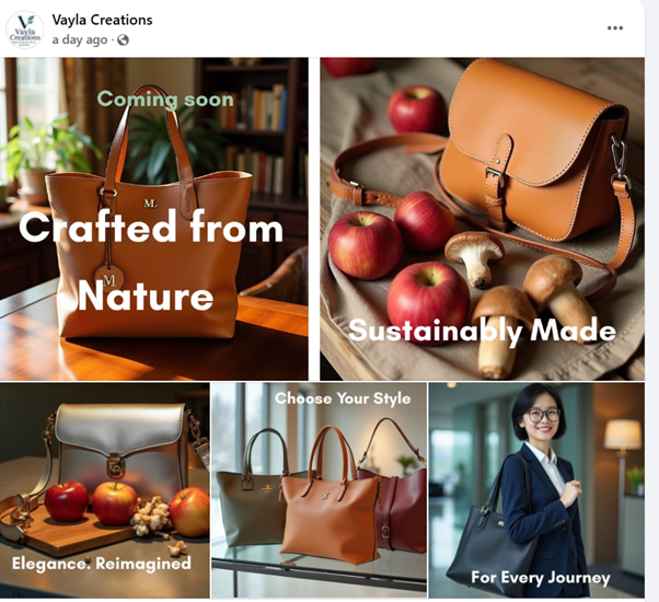 Facebook carousel post showcasing Vayla Creations’ crafted plant-based bags with messaging on sustainability, craftsmanship, and style.