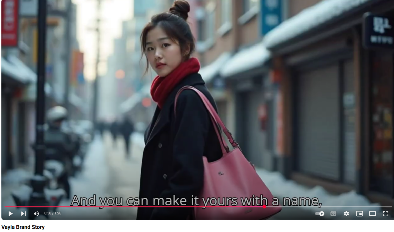 Screenshot of Vayla Creations brand video showing woman with pink personalised bag