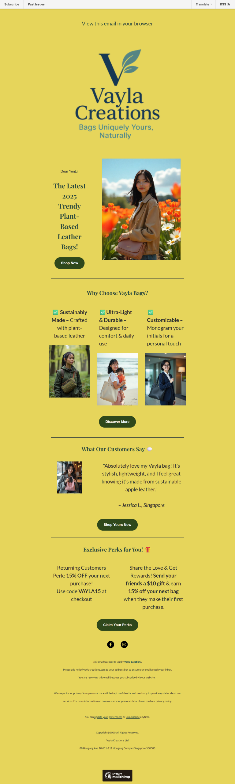 Screenshot of Vayla Creations July 2025 email campaign featuring plant-based leather bags, sustainability highlights, customer reviews, and exclusive offers.